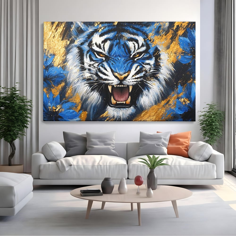 Tablou canvas cu tablou canvas cu tigru albastru si flori, fara rama, pe sasiu de lemn, pe perete intr-un living